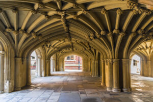 Medieval undercroft of Lincoln’s Inn Chapel with ornate fan vaulting in Lincoln’s Inn, London