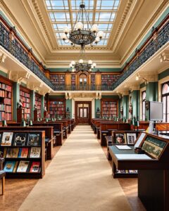 The magnificent National Art Library reading room at London’s Victoria and Albert Museum, with ornate iron galleries, soaring glass skylight, chandeliers and rows of wooden reading desks.