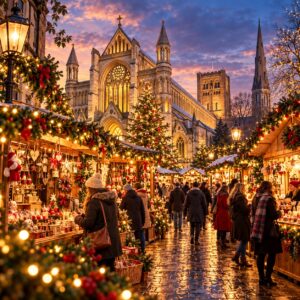 St Albans Cathedral rising above a festive Christmas market glowing with lights at dusk.