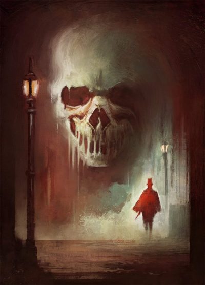 Jack the Ripper painting with a skull shadow