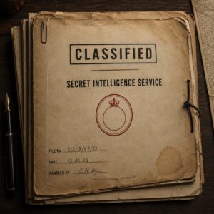 Vintage-style classified Secret Intelligence Service dossier on a wooden desk, with aged folders, fountain pen and old map visible around the edges.