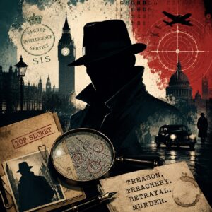 Stylised noir illustration for London’s Spymasters featuring a shadowy spy figure, secret dossiers, coded documents and the London skyline.
