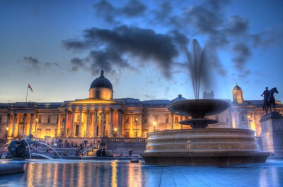 From Trafalgar square looking at the National Gallery.