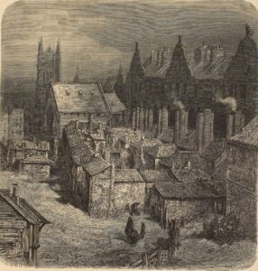 London, a pilgrimage, by Gustave Doré, and Blanchard Jerrold (Grant, London, 1872) : chapter IV, Above Bridge to Westminster. Slums of the Devil's acre.
