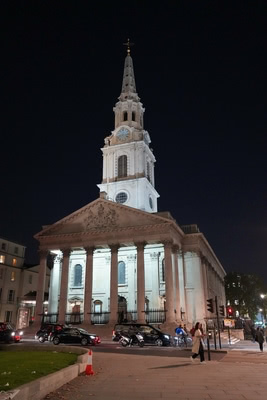 Front of St Martin in the Fields at night.