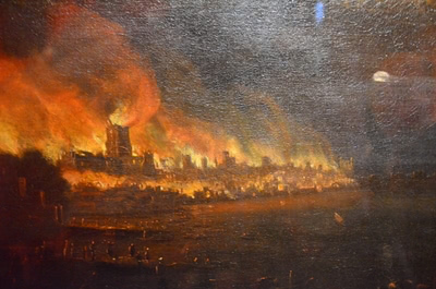Old St Paul's Cathedral on Fire in the great fire of London 1666.