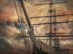 The Cutty Sark seen against a dramatic sky in Greenwich, London