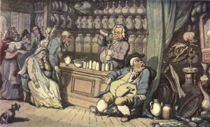 The Quack Doctor - old cartoon of man behind a counter mixing potions to a crowd of sick looking people