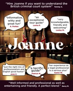 London Walks guide Joanne, criminal defence lawyer, featured in customer review poster