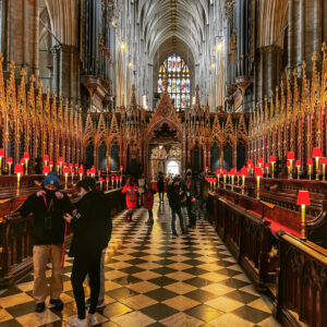 Westminster Abbey choir stalls and nave interior, London