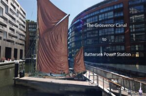 Traditional sailing barge on the Grosvenor Canal, London, on the route of the Grosvenor Canal to Battersea Power Station walk.
