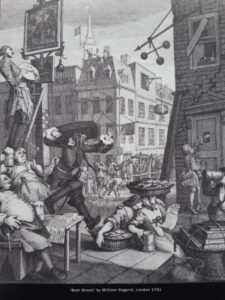Beer Street engraving by William Hogarth, published in London in 1751 as the companion to Gin Lane
