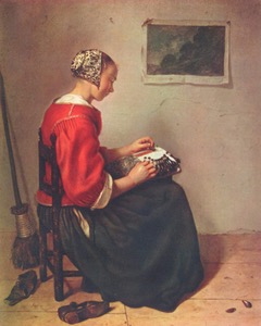Caspar Netscher’s 1662 painting The Lace Maker, showing a young woman seated at work making lace in a simple domestic interior.