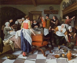 Jan Steen’s lively 1664 painting Celebrating the Birth, showing a bustling seventeenth-century Dutch household gathered around a newborn child.
