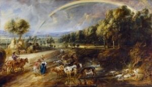 Panoramic Flemish countryside beneath a rainbow, with cattle, farm workers and carts travelling along a country road.