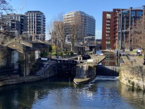 Regent’s Canal lock and restored Victorian gas holders near St Pancras in London
