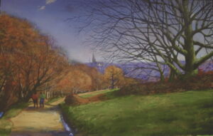 Landscape painting of Hampstead Heath in winter with bare trees, winding path, two walkers, and distant London skyline under a clear sky