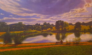 Landscape painting of Hampstead Heath with a reflective pond, glowing summer sky, trees and fields beyond, and a figure seated on a bench by the water