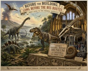 Illustrated prehistoric landscape beside London’s Natural History Museum with dinosaurs, fossils, and the Hintze Hall whale skeleton