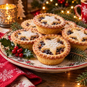 Festive mince pies with Christmas decorations and warm lights